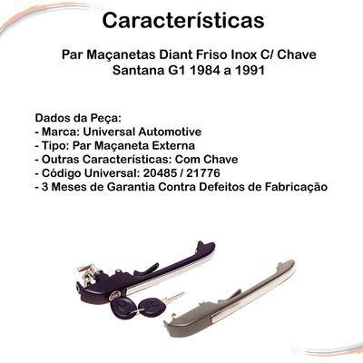 Par Maçanetas Diant Friso Inox C/ Chave Santana G1 84 a 91