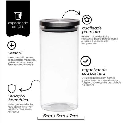 Porta Mantimentos Redondo Em Vidro Borossilicato Inox Mimo Style 1,3l