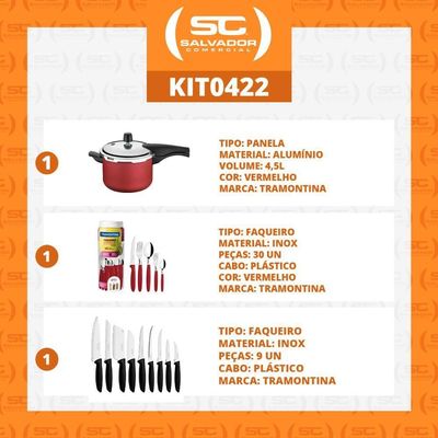 Kit - Panela De Pressão 4,5 Vermelha + 1 Faqueiro Vermelho 30pç + 1 Conjunto Facas 9pç - Tramontina