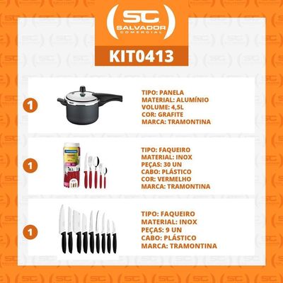 Kit - Panela De Pressão 4,5 Grafite + 1 Faqueiro Vermelho 30pç + 1 Conjunto Facas 9pç - Tramontina