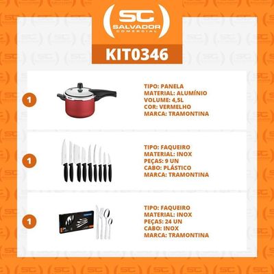Kit - Panela De Pressão 4,5 Vermelha + 1 Conjunto Facas 9pç + 1 Faqueiro Inox 24pç - Tramontina