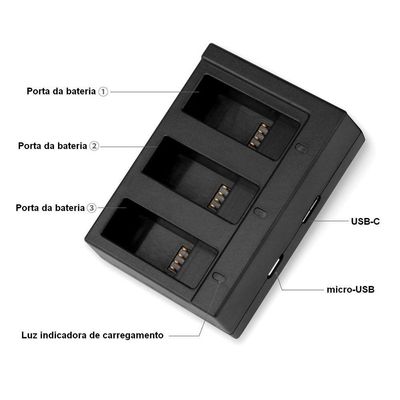 Carregador Triplo + Cabo USB para Câmeras GoPro 5/6/7/8 Black