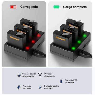 Carregador Triplo + Cabo USB para Câmeras GoPro 5/6/7/8 Black