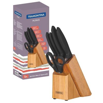 Jogo De Facas Tramontina Plenusinox Cabos Polipropileno Preto E Suporte De Madeira 6 Pçs Tramontina