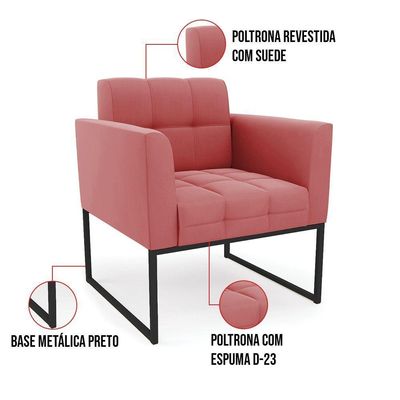 Kit 1 Sofá Namoradeira E 2 Poltronas Elisa Suede Base Metálica Industrial Preto - D'rossi Cor Rose