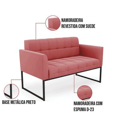 Kit 1 Sofá Namoradeira E 2 Poltronas Elisa Suede Base Metálica Industrial Preto - D'rossi Cor Rose