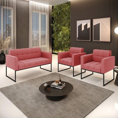 Kit 1 Sofá Namoradeira E 2 Poltronas Elisa Suede Base Metálica Industrial Preto - D'rossi Cor Rose
