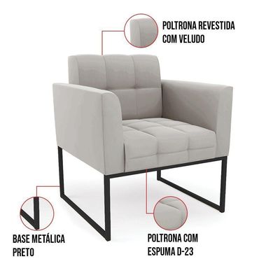 Poltrona Elisa Veludo Base Metálica Industrial Preto - D'rossi Cor Cinza