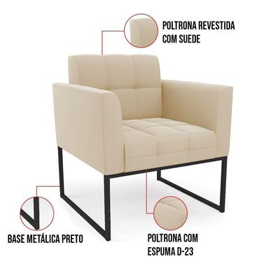Kit 1 Sofá Namoradeira E 1 Poltrona Elisa Suede Bege Base Metálica Industrial Preto - D'rossi