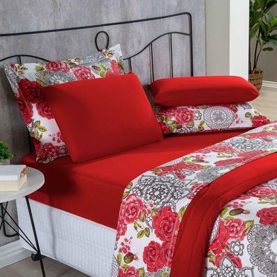 Kit Edredom + Jogo De Lençol Malha 100% Algodão Primavera 7 Peças Casal - Floral Vermelho