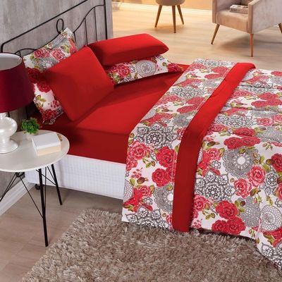 Kit Edredom + Jogo De Lençol Malha 100% Algodão Primavera 7 Peças Casal - Floral Vermelho