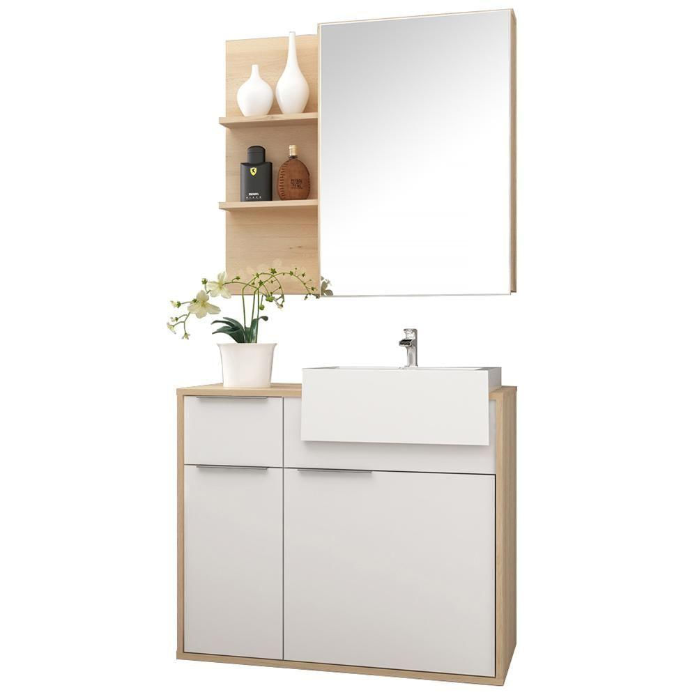 Conjunto Banheiro Gabinete 80cm 02 Gavetas Com Armário E Cuba Jazz B06 Faia Branco - Lyam Decor