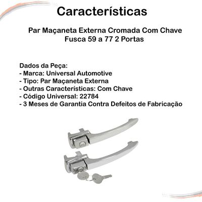 Par Maçaneta Externa Cromada C/ Chave Fusca 59 a 77 2 Portas