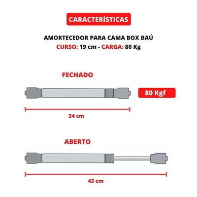 Par Amortecedor Pistão Gás Cama De Casal Box Baú 784N/80Kgf