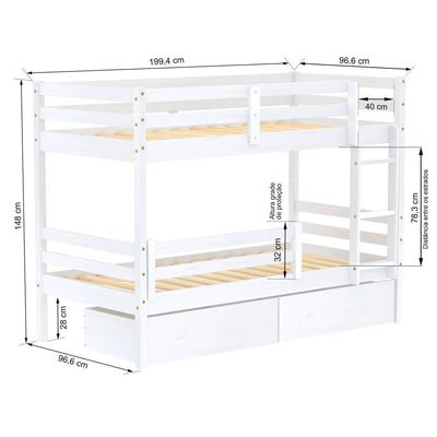 Beliche Infantil Eco Com 02 Gavetas E Grade De Proteção Madeira Maciça Branco Mobilistore