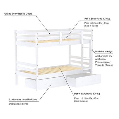 Beliche Infantil Eco Com 02 Gavetas Madeira Maciça Branco Megamobilia