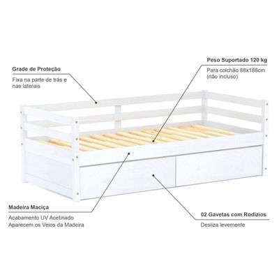Cama Solteiro Eco Com 02 Gavetas Madeira Maciça Branco Mobilistore