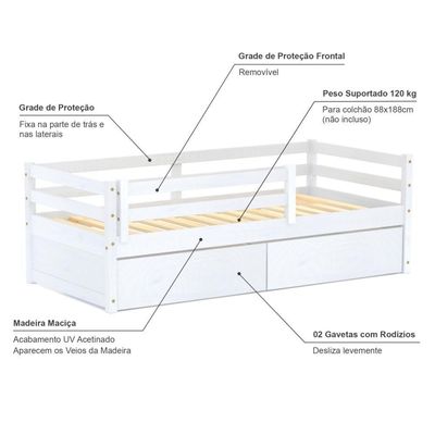 Cama Solteiro Eco Com 02 Gavetas E Grade De Proteção Madeira Maciça Branco Mobilistore