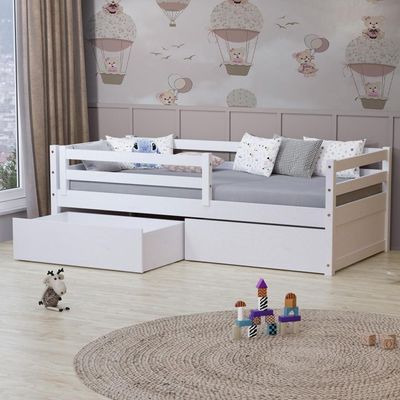 Cama Solteiro Eco Com 02 Gavetas E Grade De Proteção Madeira Maciça Branco Mobilistore