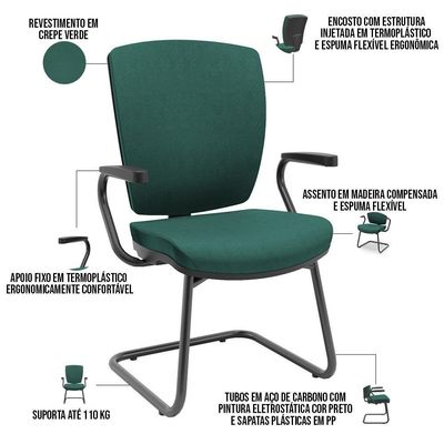 Kit 4 Cadeiras De Escritório Fixa Executiva Office Preto Slim Alta Flexi P03 Poliéster Verde - Lyam