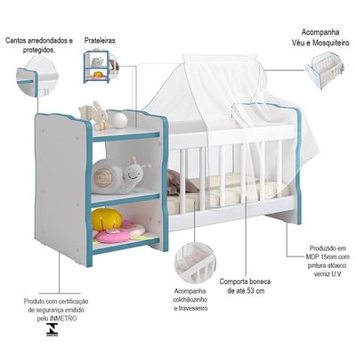 Kit 2 Berços Para Boneca Brinquedo Infantil Branco Azul