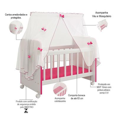 Kit 3 Berços Para Boneca Brinquedo Infantil Branco Rosa