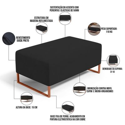 Kit 02 Puffs Decorativo Sala De Estar Cléo 90cm W01 Base Ferro Cobre Suede Preto - Lyam Decor