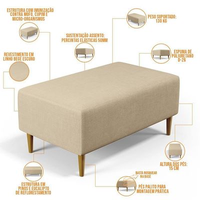Puff Sala De Estar Cléo Pés Palito 90 Cm Linho Bege Escuro