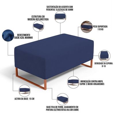 Puff Decorativo Sala De Estar Cléo 90cm Base De Ferro Cobre W01 Suede Azul Marinho - Lyam Decor