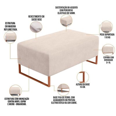 Puff Decorativo Sala De Estar Cléo 90Cm Cobre W01 Suede Bege
