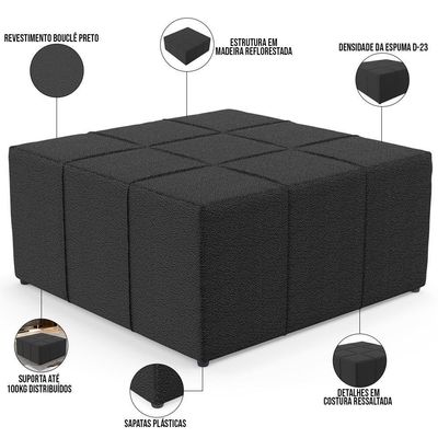 Kit 2 Puffs Decorativos Para Sala De Estar Quadrado Milano 90x90cm W01 Bouclê Preto - Lyam Decor