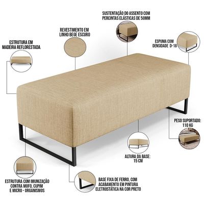 Kit 02 Puffs Bali Base Ferro 120x50 Cm Linho Bege Escuro