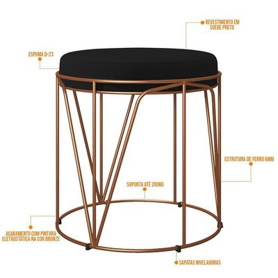 Kit 02 Puffs Decorativo Aramado Bronze Zaya L02 Suede Preto