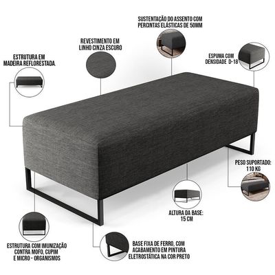 Kit 02 Puffs Bali W01 Base Ferro 120X50 Cm Cinza Escuro
