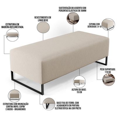 Puff Sala De Estar Bali W01 Base Ferro 120x50 Cm Linho Bege