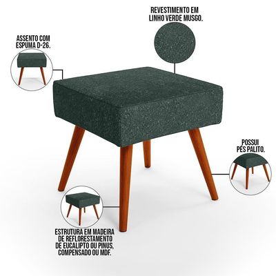 Puff Banqueta Decorativa Com Pés Palito Linho Verde Musgo