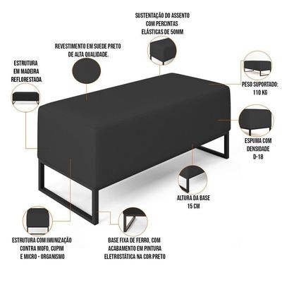 Kit 02 Puffs Cléo W01 Base De Ferro 90 Cm Suede Preto