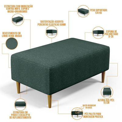 Puff Sala De Estar Cléo Pés Palito 90 Cm Linho Verde Musgo