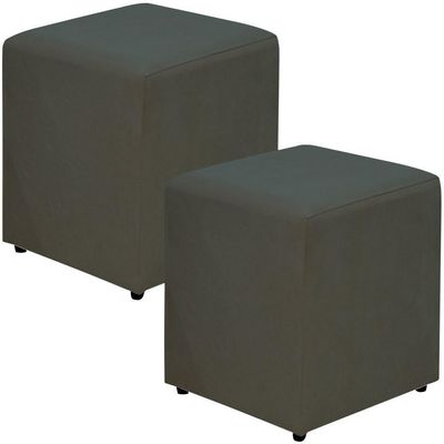 Kit 02 Puffs Quadrado L02 Sala De Estar Suede Cinza