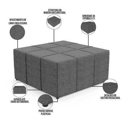 Kit 2 Puffs Quadrado Milano 90x90 W01 Linho Cinza Escuro