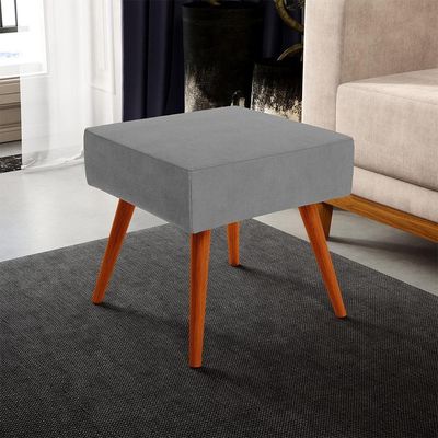Kit 02 Puffs Banqueta Decorativa Com Pés Palito Suede Cinza