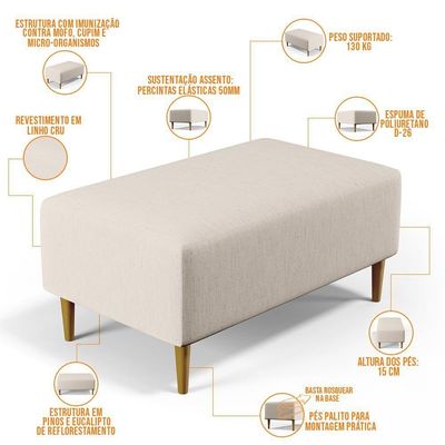 Puff Sala De Estar Cléo W01 Pés Palito 90 Cm Linho Cru