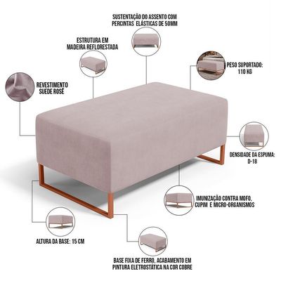 Kit 02 Puffs Decorativo Sala De Estar Cléo 90cm W01 Base Ferro Cobre Suede Rosê - Lyam Decor