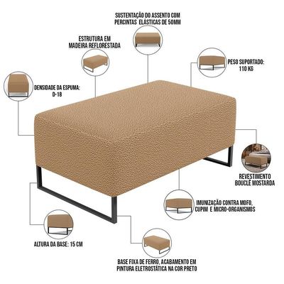 Puff Decorativo Sala De Estar Cléo 90cm Base De Ferro Preto W01 Bouclê Mostarda - Lyam Decor