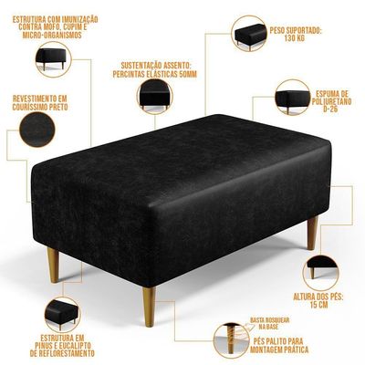 Puff Sala De Estar Cléo Pés Palito 90 Cm Couríssimo Preto
