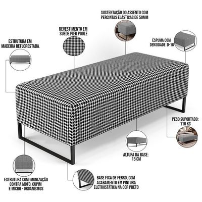 Puff Sala De Estar Base Ferro 120x50 Cm Suede Pied Poule