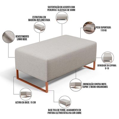 Kit 02 Puffs Decorativo Sala De Estar Cléo 90cm W01 Base Ferro Cobre Linho Bege - Lyam Decor