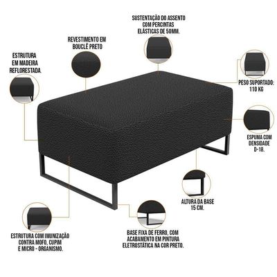 Kit 02 Puffs Decorativo Sala De Estar Cléo 90cm W01 Base Ferro Preto Bouclê Preto