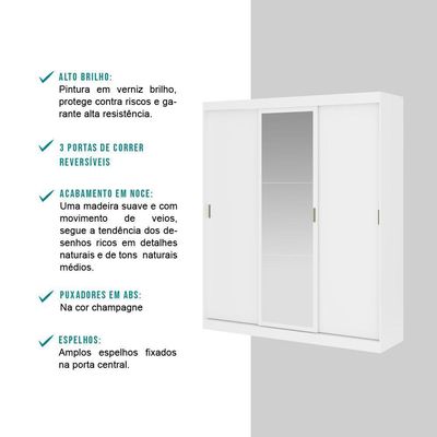 Guarda Roupa Solteiro 3 Portas 4 Gav 1 Espelho Branco Fenix
