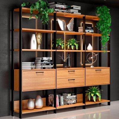 Kit 3 Estantes 5 Prateleiras 2 Gavetas 185X73Cm Freijó Preto